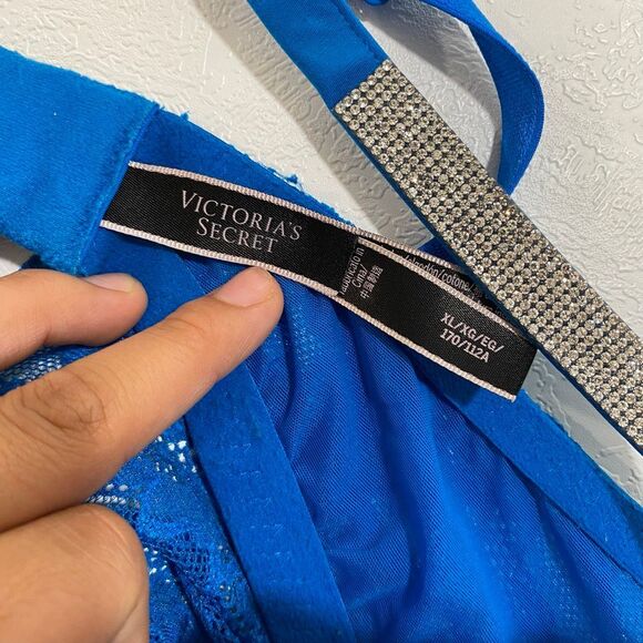 Victoria’s Secret Blue Lace Rhinestone Strap Bodysuit XL Sexy Sheer One Piece Li - Picture 3 of 7